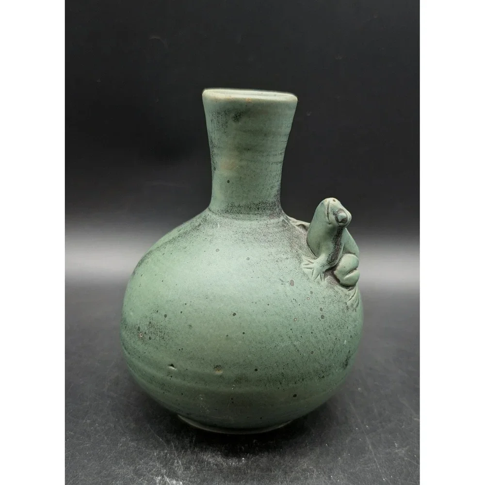 Studio Pottery Frog Bud Vase Celadon Green Speckled Glaze Artisan Stoneware 5.5